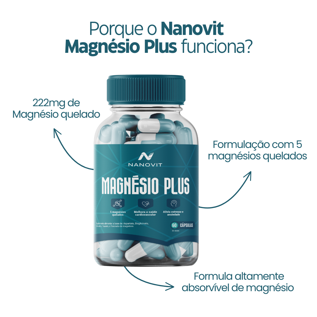 Magnésio Plus - 5 em 1 Quelato 100% Natural 60 caps Nanovit