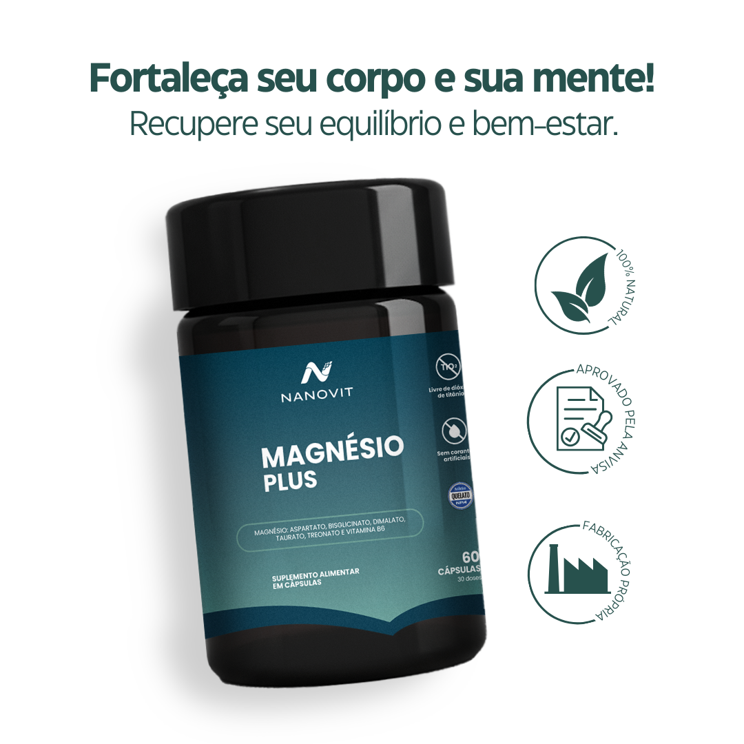 Magnésio Quelato - (Blisglicinato, Treonato, Dimalato e Taurato) em cápsulas 100% natural - Nanovit