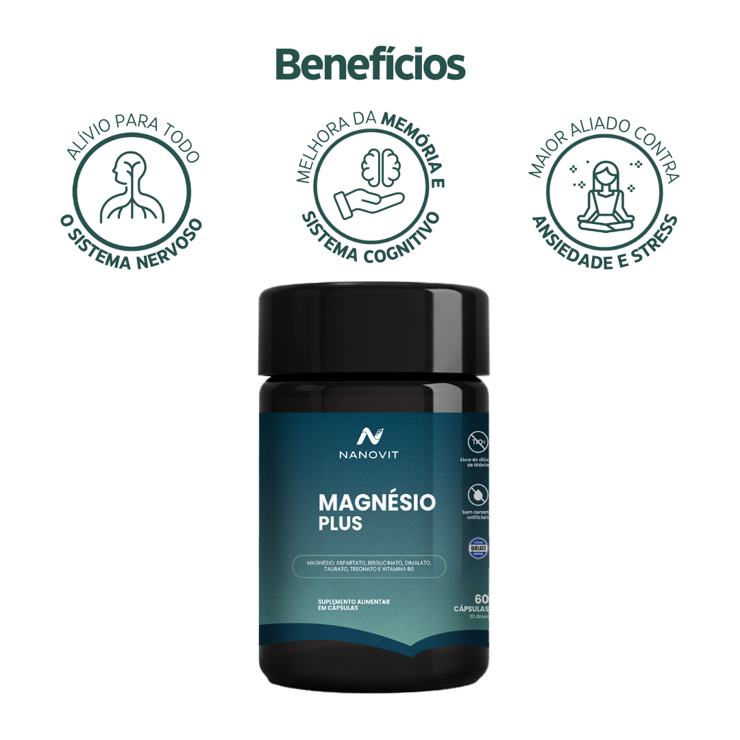 Magnésio Quelato - (Blisglicinato, Treonato, Dimalato e Taurato) em cápsulas 100% natural - Nanovit