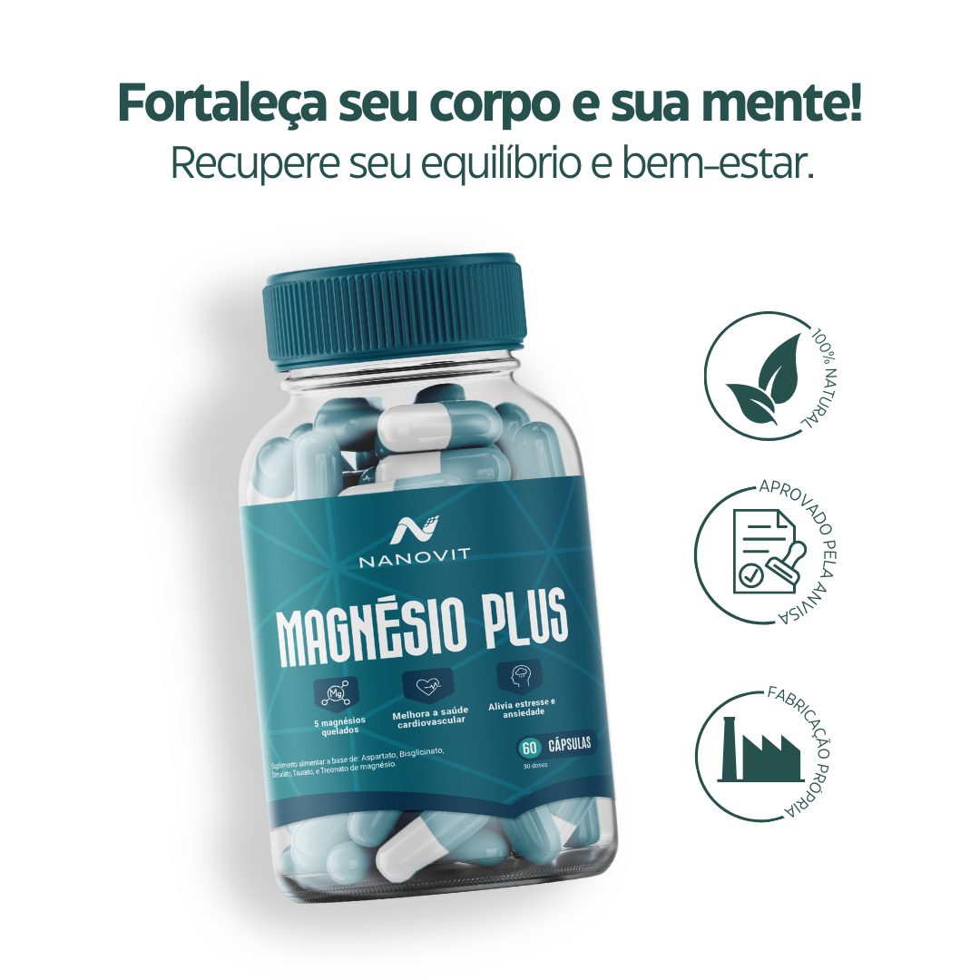Magnésio Plus - 5 em 1 Quelato 100% Natural 60 caps Nanovit