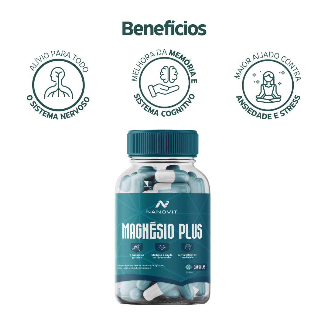 Magnésio Plus - 5 em 1 Quelato 100% Natural 60 caps Nanovit