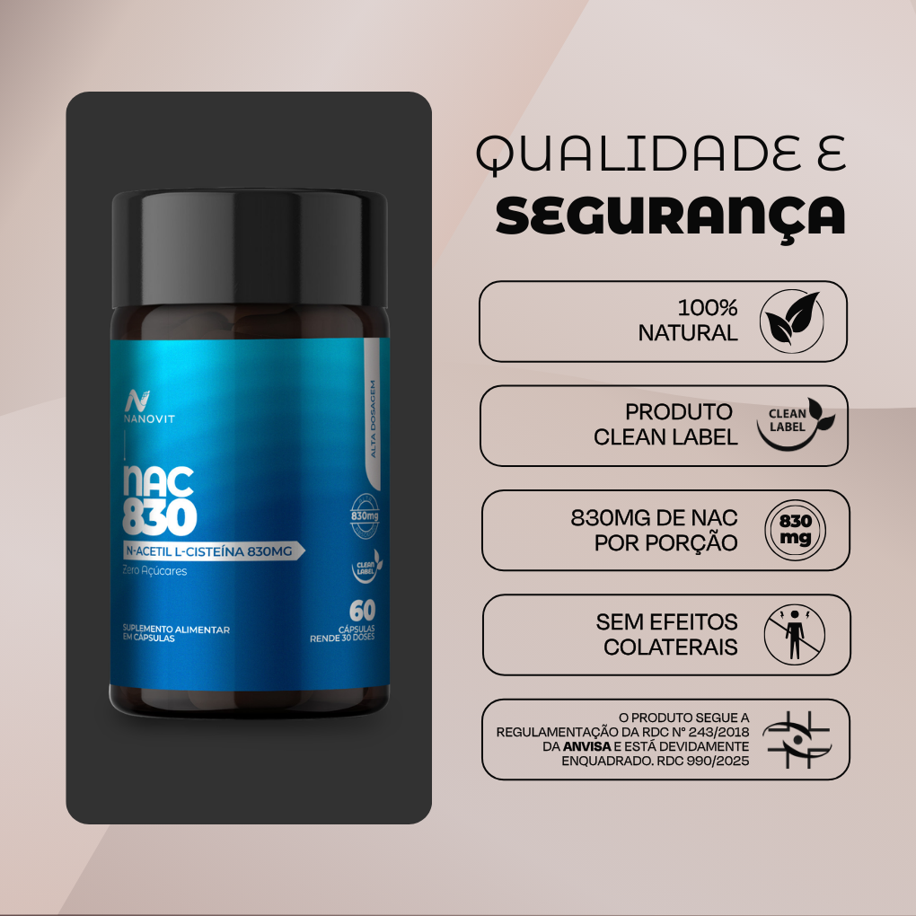 NAC (N-Acetil L-Cisteína) - 830mg - 60 cápsulas - Nanovit