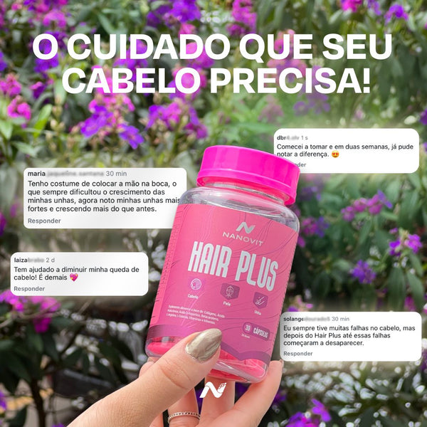 Kit 3 Nanovit Hair Plus 30 Cáps - Cabelo, Pele e Unhas - Colágeno + Ácido Hialurônico + Biotina