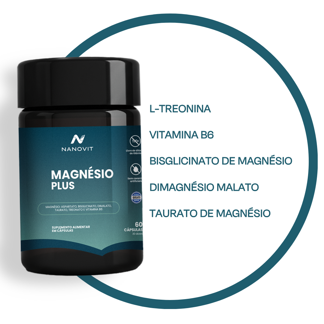 Magnésio Quelato - (Blisglicinato, Treonato, Dimalato e Taurato) em cápsulas 100% natural - Nanovit